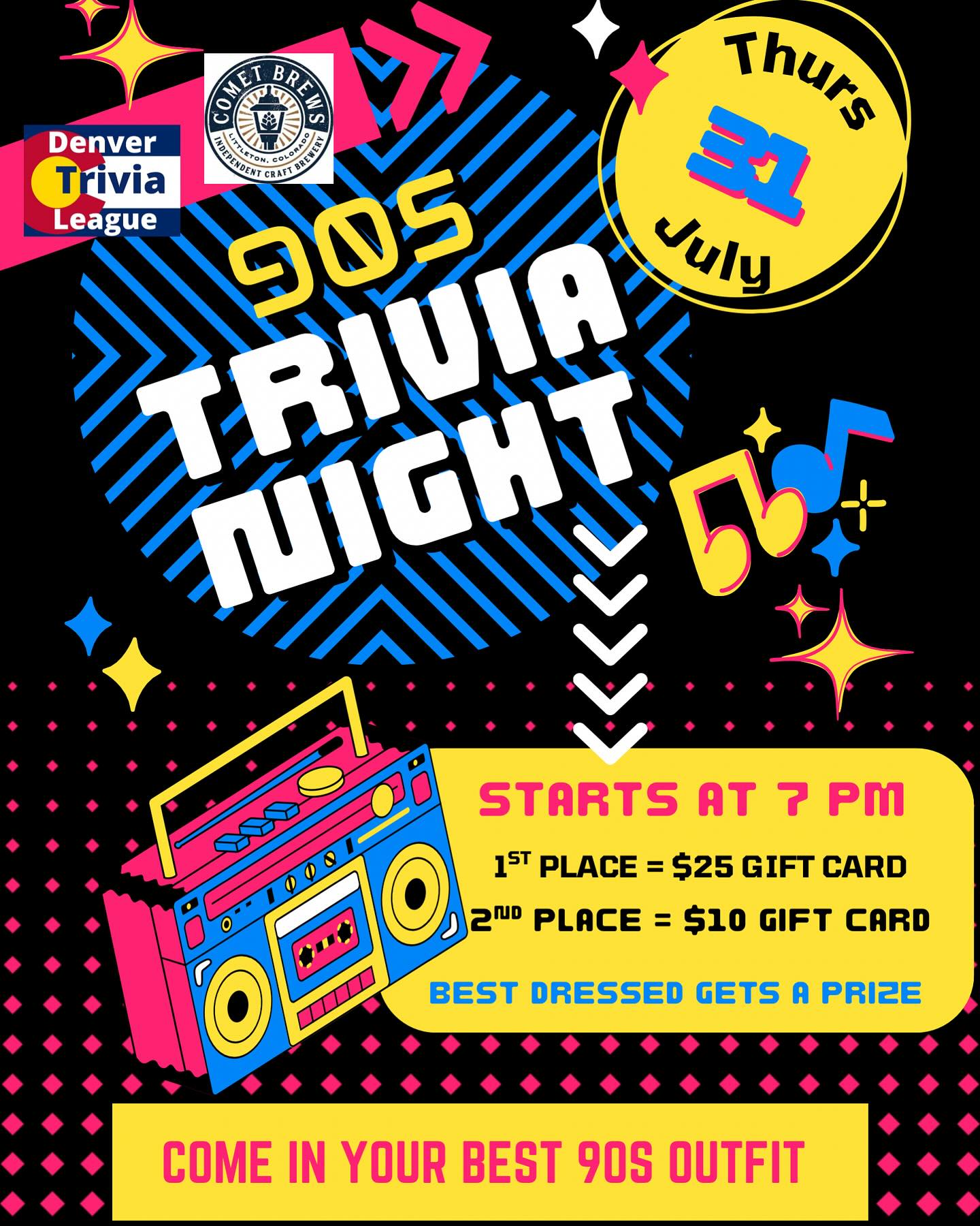 Join us this Thursday for 90s themed trivia! Come in your best 90s gear and our beertender will pick best dressed for a fun prize! See you there! #craftbeer #downtownlittleton #ilovethe90s #trivia #bestdressed