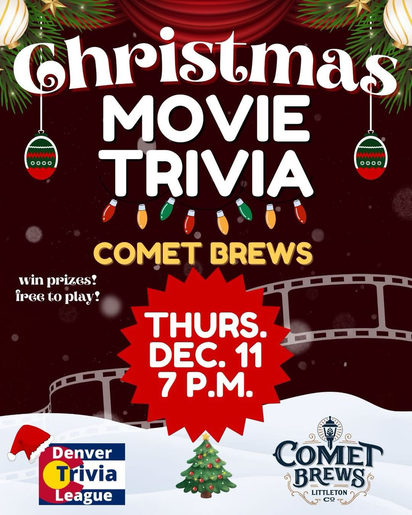 It’s the most wonderful time of the year! Join us for holiday movie trivia 12/11 and 7 pm. Free to play, win free beer!!! #craftbeer #downtownlittleton #trivianight #wewishyouamerrychristmas